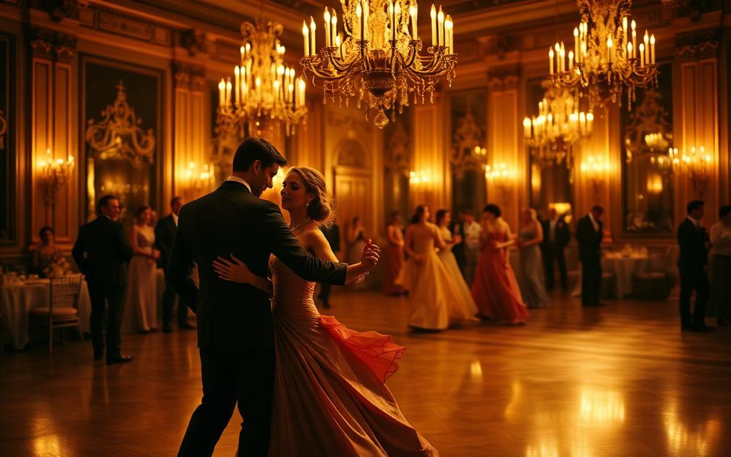 Regency-era ballroom waltz scene